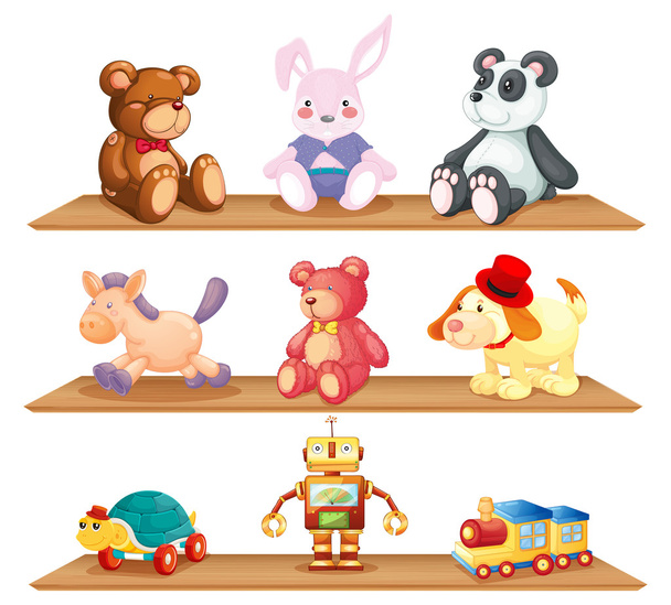 Wooden shelves with different toys - Vector, Image