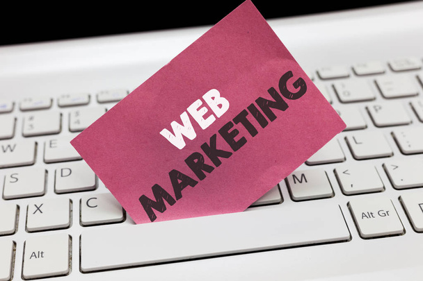 Webマーケティングを示す概念的な手書き文字。インターネットを通じて電子商取引広告を紹介するビジネス写真｜オンライン販売 - 写真・画像