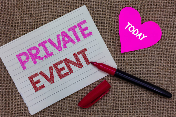 Handwriting text writing Private Event. Concept meaning Exclusive Reservations RSVP Invitational Seated Piece notebook paper heart jute background open marker Communicating ideas. - Photo, Image