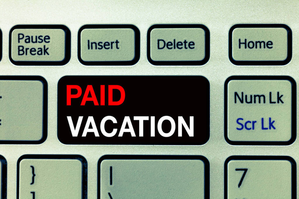 Escritura manual conceptual que muestra vacaciones pagadas. Texto de la foto de negocios Fin de semana sabático Vacaciones Tiempo libre Beneficios
 - Foto, imagen