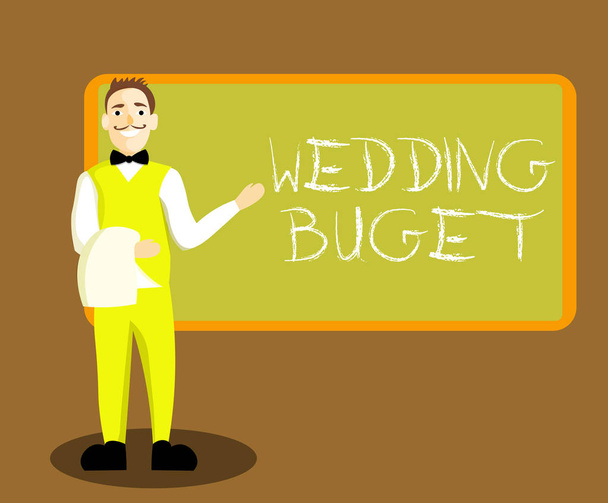 Fogalmi kézi írás, esküvői Buget mutatja. Üzleti fénykép bemutató szerzés házas gazdaságos módon, és nem ablak betörése a part. - Fotó, kép