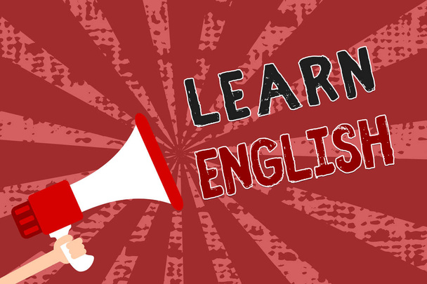 英語は、英語のテキストの書き込みを単語します。普遍的な言語の簡単なコミュニケーションと理解を抱きかかえたメガホン スピーカー グランジ赤色の線を重要なメッセージのビジネス コンセプト. - 写真・画像