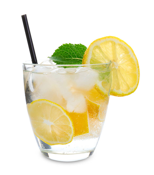 Glass of fresh lemonade on white background - Photo, Image
