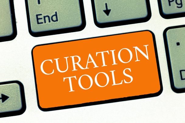 Conceptual hand writing showing Curation Tools. Business photo text Software used in gathering information relevant to a topic - Photo, Image