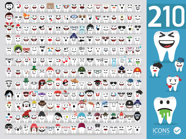 Sevimli diş Emoji Emoticons, vektör çizim seti - Vektör, Görsel