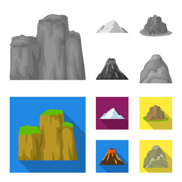 Sheer cliffs, a volcanic eruption, a mountain with a beach, a glacier. Different mountains set collection icons in monochrome,flat style vector symbol stock illustration web. - Вектор, зображення
