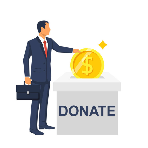 Man throws gold coin in a box for donations. - Vector, Image