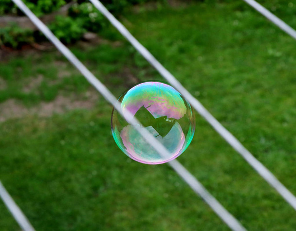Дивовижна барвиста бульбашка між двома шнурами і над землею. Літає в повітрі. Помаранчевий, зелений, фіолетовий в колі
 - Фото, зображення