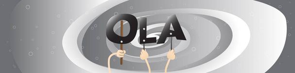 Zróżnicowane ręce trzymając liter alfabetu utworzone słowo Ola (Witaj w języku portugalskim). Ilustracja wektorowa. - Wektor, obraz