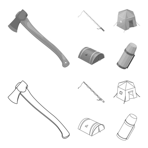 Spinning for fishing, tent, thermos.Tent set collection icons in outline,monochrome style vector symbol stock illustration web. - Вектор,изображение