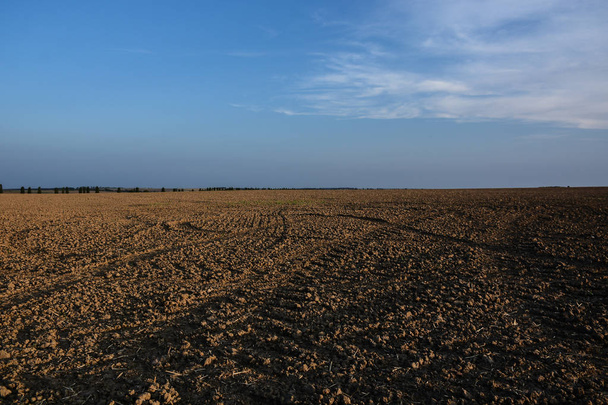 Geploegd veld en blauwe hemel Horizon - Foto, afbeelding