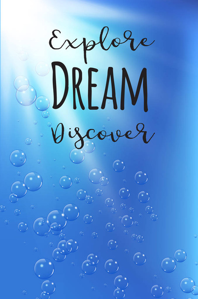 Travel quote on under water background with realistic bubbles and sun. - Vector, Image