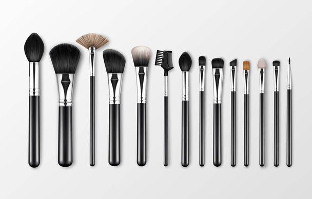 Vector Set of Black Clean Professional Makeup Concealer Powder Blush Eye Shadow Brow Brushes with Black Handles Isolated on White Background - Vector, Image
