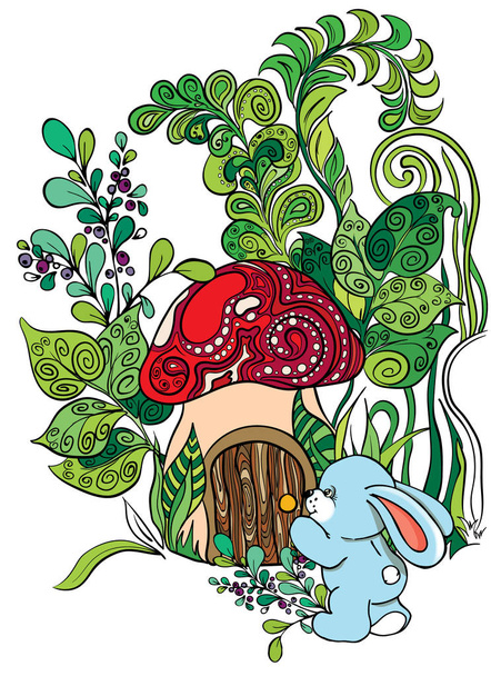 Vector illustration. Perfect for cards, prints, flyers, banners, invitations, cartoons, pages of a book. Wallpaper for kids room. Rabbit, landscape, mushrooms. abstract,animal,animal cartoon,art,baby,banner,bunny,card,cartoon,cartoon character,color - Vector, Image