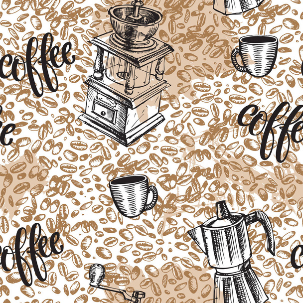 Seamless coffee background with hand drawn beans - Vector, imagen