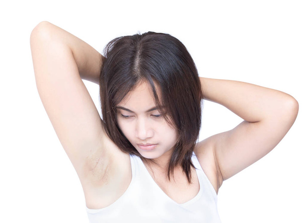 女性問題黒armpit上の白い背景のためのスキンケアと美しさの概念 - 写真・画像
