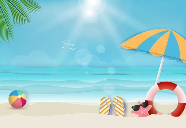 Καλοκαιρινές διακοπές παραλία φόντο, ναυτικά έννοια. Χαρτί art, σκάφη χαρτί στυλ εικονογράφηση - Διάνυσμα, εικόνα
