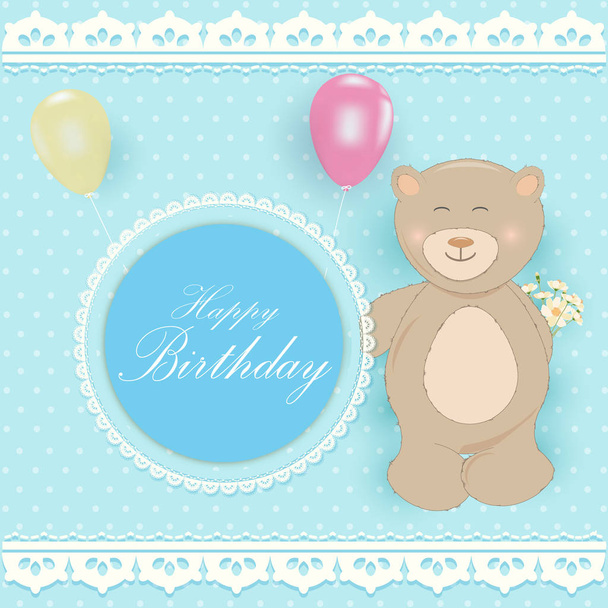 Redondo marco retro y globo con oso hloding cosmos flor tarjeta de felicitación, Feliz cumpleaños tarjeta fondo azul
 - Vector, Imagen