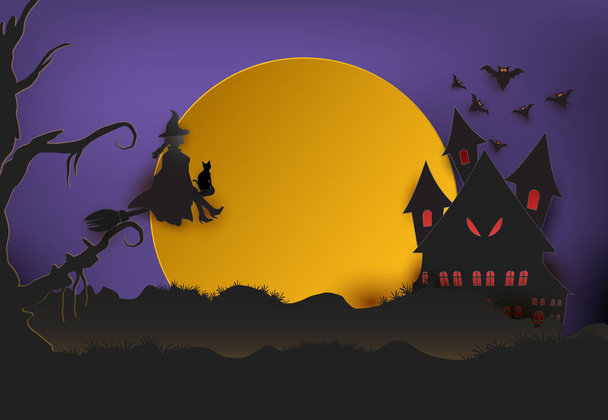 Jonge heks met kat in donker bos en Halloween paper art achtergrond vleermuis, papier knippen stijl illustratie - Vector, afbeelding