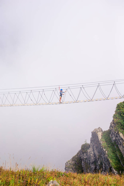 The rope bridge on the top of mountain of Rosa Khutor, Russia - Photo, Image