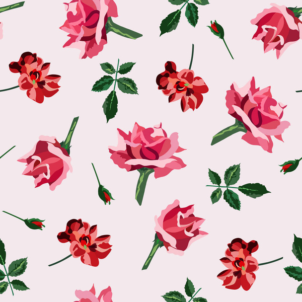 Soft pink, red roses and green leaves seamless pattern. Vector illustration. Hand drawn. - Vector, Image