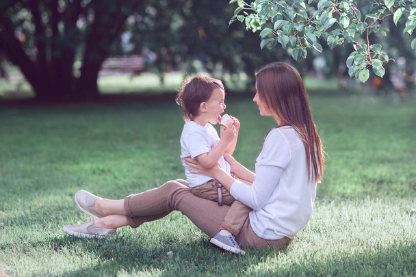 mother and son eating ice cream in the park  - Фото, зображення