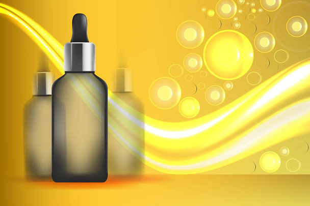 Serum essentie gouden met druppelaar in fles. Skin care collageen hydrocultuur vocht formule behandeling met honingraat ontwerpelementen. - Vector, afbeelding