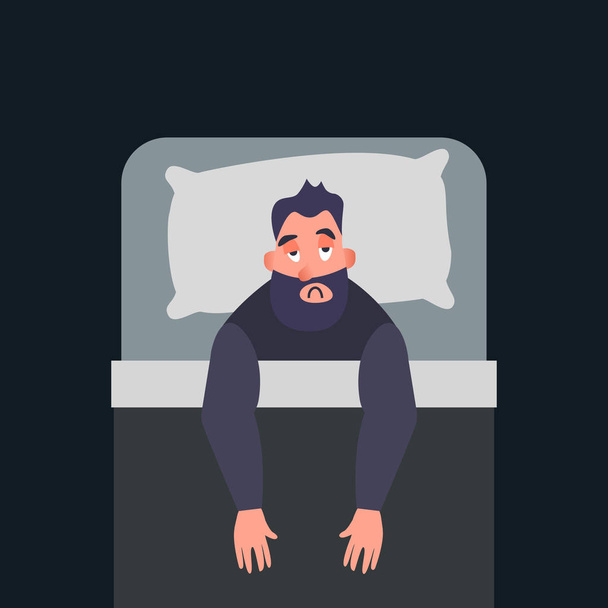 Álmatlan álmatlanság concept art. Az ágyon fáradt ember nem tud aludni. Stressz férfi karakter. Felirat álmatlanság. Insomnious rajzfilm srác - Vektor, kép