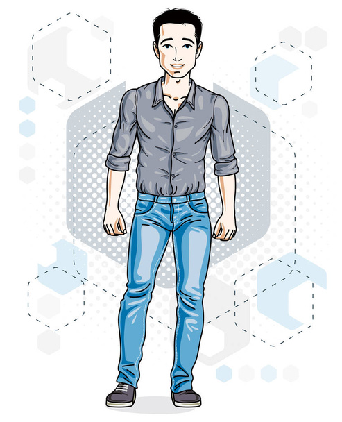 Happy brunet young adult man standing. Vector character wearing casual clothes like jeans and cotton shirt. - Вектор, зображення