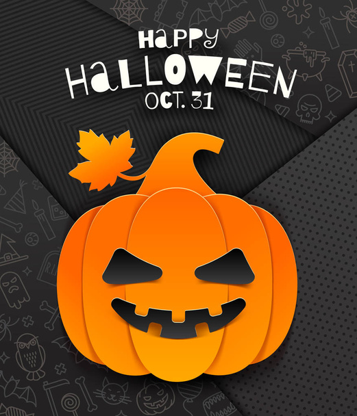 Jack-o-lantern pumpkin cutout from paper on a background with linear halloween signs and symbols. Vector illustration, - Vetor, Imagem