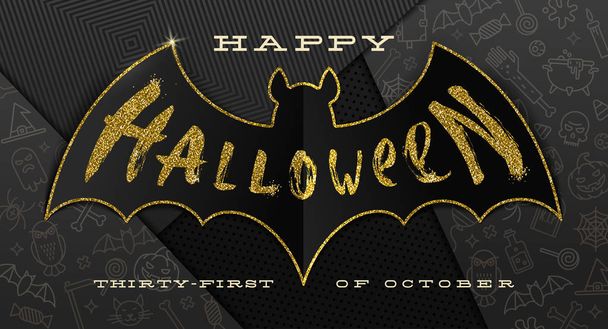 Halloween Vector illustration. Glitter gold greeting on a silhouette of paper bat, against a black paper background with linear Halloween signs and symbols. - Vector, imagen