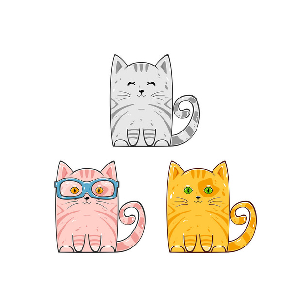 Σετ από χαριτωμένα γάτες που απομονώνονται σε λευκό φόντο. Ροζ, κόκκινο και γκρι γατάκι με γυαλιά, εικονογράφηση. - Διάνυσμα, εικόνα