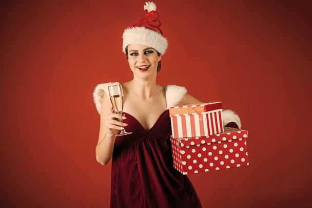 Christmas happy woman drink champagne. - Φωτογραφία, εικόνα