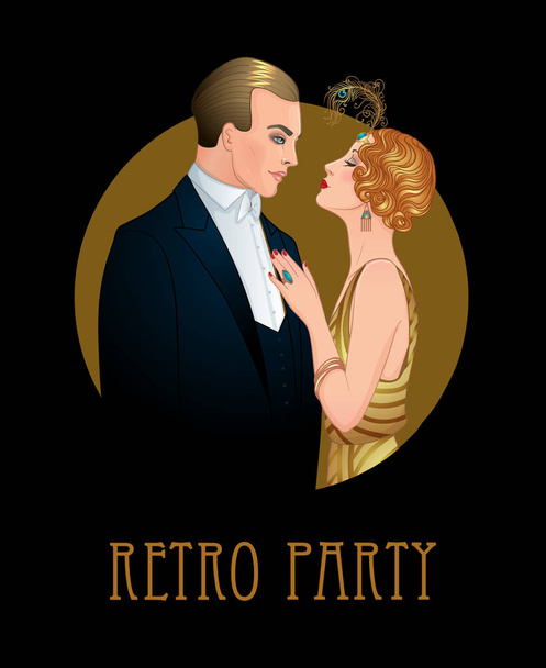 Beautiful couple in art deco style. Retro fashion: glamour man and woman of twenties. Vector illustration. Flapper 20's style. Vintage party  or thematic wedding invitation design template. - Wektor, obraz