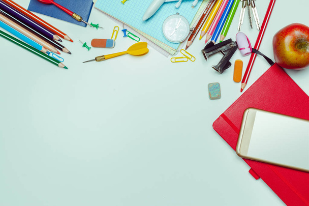 School office supplies scattered on table - Photo, Image