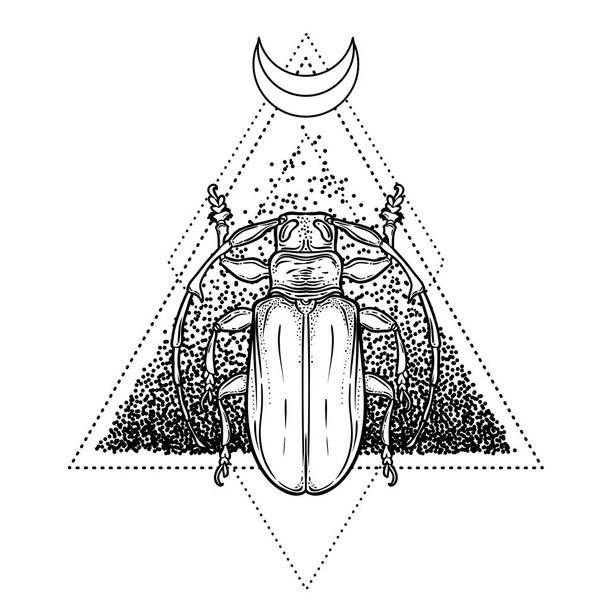Black and white beetle over sacred geometry, isolated vector illustration. Tattoo sketch. Mystical symbols and insects. Alchemy, religion, occultism, spirituality, coloring book. Hand-drawn vintage. - Vector, Image