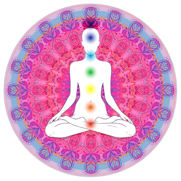 Chakra concept. Inner love, light and peace.  Buddha silhouette in lotus position over colorful ornate mandala. Vector illustration isolated. Buddhism esoteric motifs. Tattoo, spiritual yoga. - Vector, Imagen