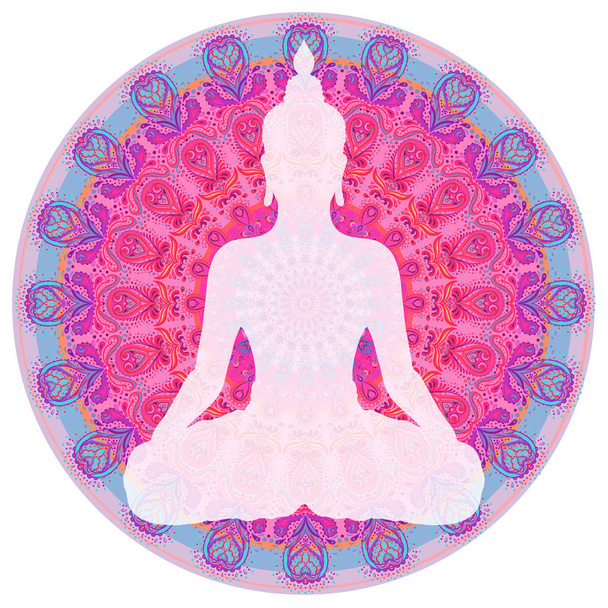 Chakra concept. Inner love, light and peace.  Buddha silhouette in lotus position over colorful ornate mandala. Vector illustration isolated. Buddhism esoteric motifs. Tattoo, spiritual yoga. - ベクター画像