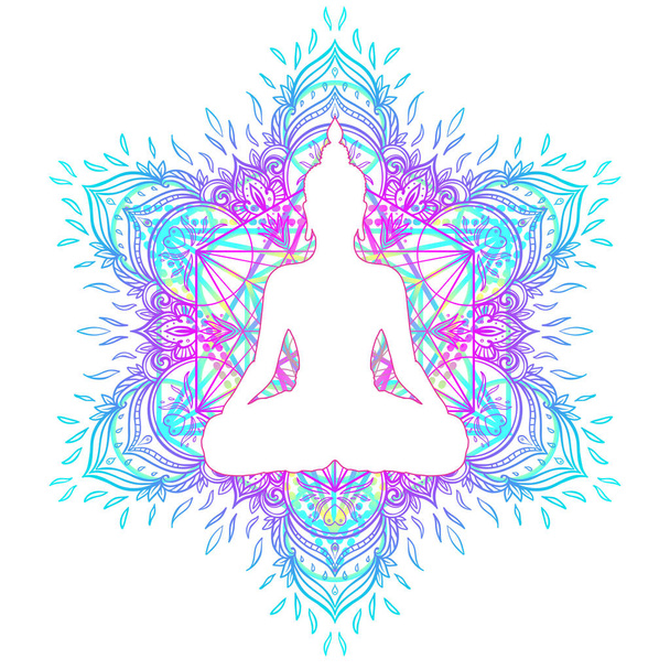 Chakra concept. Inner love, light and peace.  Buddha silhouette in lotus position over colorful ornate mandala. Vector illustration isolated. Buddhism esoteric motifs. Tattoo, spiritual yoga. - Вектор, зображення