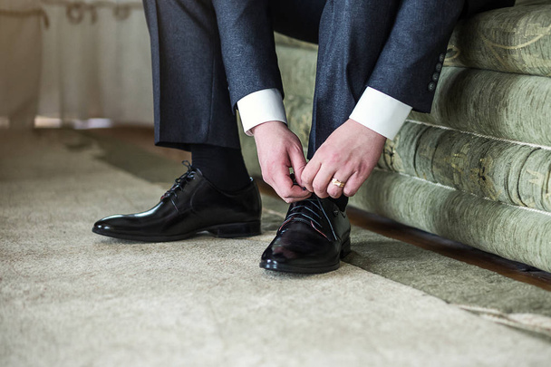 businessman clothes shoes, man getting ready for work,groom morning before wedding ceremony - Φωτογραφία, εικόνα