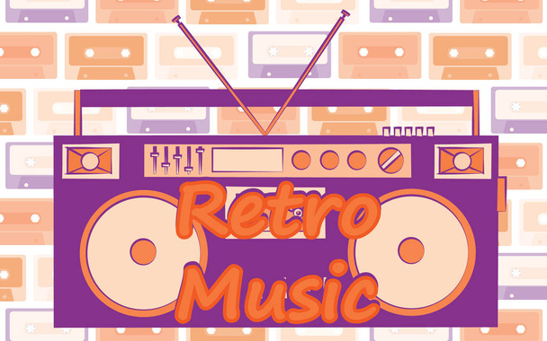 alte Retro-Hipster stilvolle Musik-Tonbandgerät für Audiokassetten der 70er, 80er, 90er Jahre und eine Beschriftung Retro-Musik. Hintergrund. Vektorillustration. Disco-Plakat - Vektor, Bild