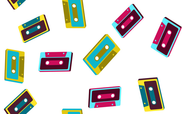 Textur, nahtlose Muster aus alten Retro-Hipster antik stilvolle musikalische Isometrie voluminöse Audio-Kassette aus den 70er, 80er, 90er Jahren. Hintergrund. Vektorillustration. Disco-Plakat - Vektor, Bild