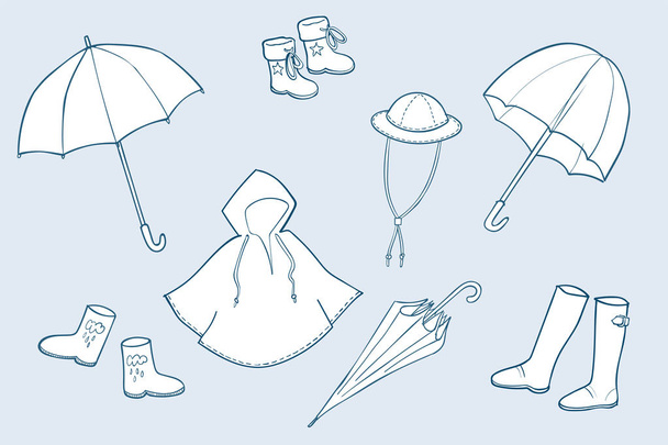 Rainy weather clothes. Vector sketch illustrations collection - Vector, Image