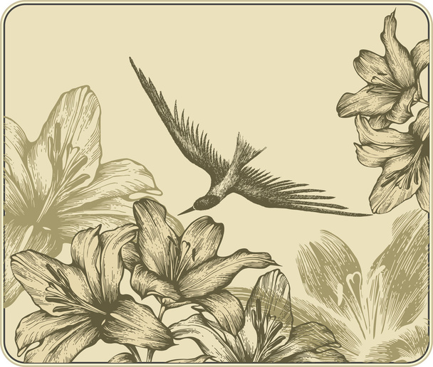 Vintage background with a flying bird and blooming lilies. Vecto - Διάνυσμα, εικόνα