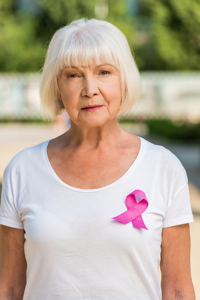 Ανώτερος γυναίκα με ροζ κορδέλα βλέπουν φωτογραφική μηχανή, έννοια συνειδητοποίηση καρκίνου του μαστού    - Φωτογραφία, εικόνα