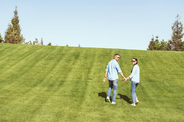casal elegante em óculos de sol de mãos dadas e olhando para a câmera na colina gramada ao ar livre
  - Foto, Imagem