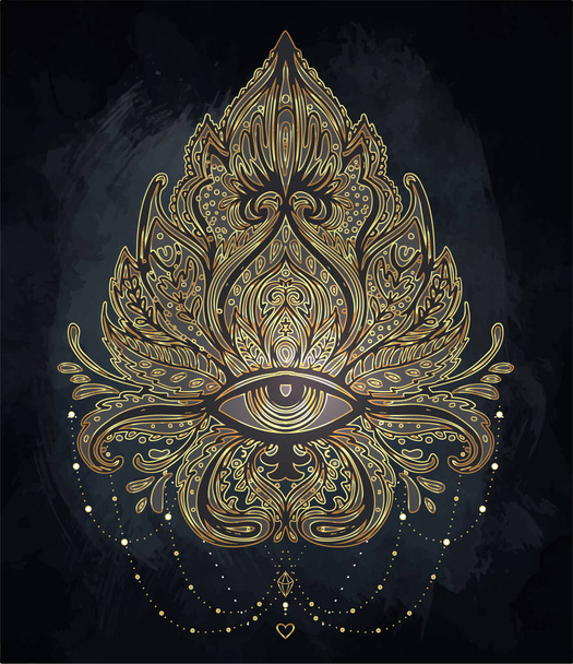 Vector ornamental Lotus flower, all-seeing eye, patterned Indian paisley. Hand drawn illustration. Invitation element. Tattoo, astrology, alchemy, boho and magic symbol. Golden gradient over black. - Vektori, kuva
