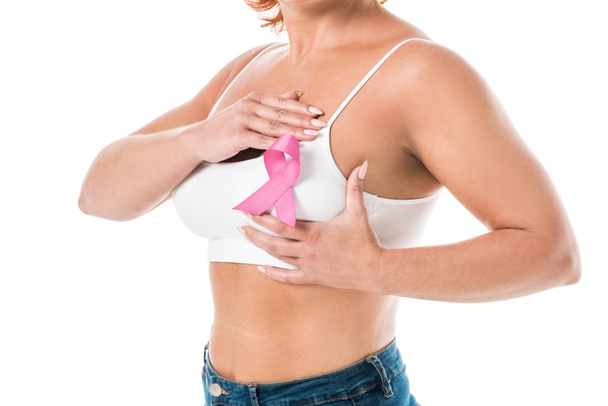cropped shot of woman in white underwear with pink ribbon touching breast isolated on white, cancer awareness concept - Φωτογραφία, εικόνα