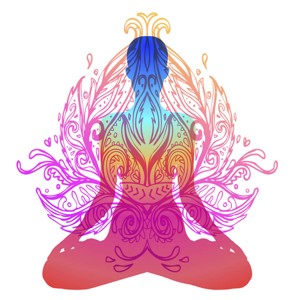 Chakra concept. Inner love, light and peace. Buddha silhouette in lotus position over colorful ornate mandala. Vector illustration isolated. Buddhism esoteric motifs. Tattoo, spiritual yoga. - Vector, Imagen