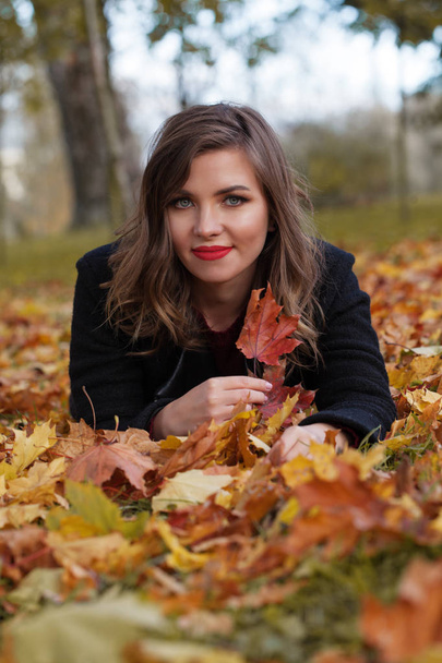 Autumn woman on colorful fall leaves background outdoors - Foto, immagini